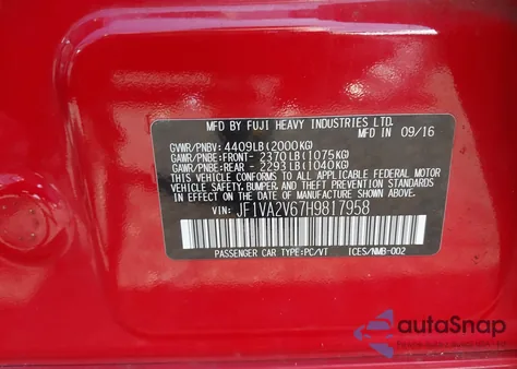 2017 Subaru Wrx Sti from USA, damaged, VIN JF1VA2V67H9817958